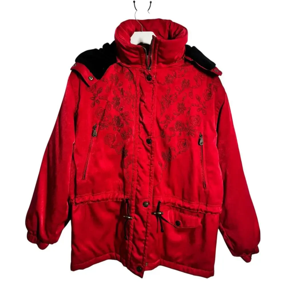 Kaelin Ski‎ Jacket Women 10 Red Floral Embroidery Vintage Sport Outdoor Retro